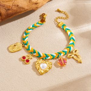 Handmade Woven Colored Rope <b>Bracelet</b> Gold Plated Charm Heart <b>Flower</b> Jewelry Gift For Women - Product Image 2
