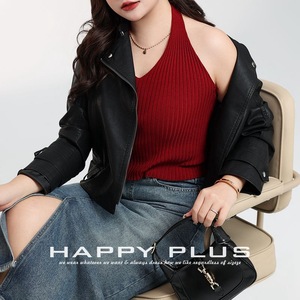 Chaqueta de Motocicleta para Mujer Tallas Grandes Pppy Plus, Ajuste Delgado, Manga Larga, Cuero Sintético, Cremallera Frontal, Estilo Europeo a la Moda - Product Image 2