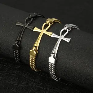 Fashion Stainless Steel Egyptian Cross Bracelet Two Rows Franco Cross Bracelet Men's Luxury 18K Gold Plated Ankh Charm Bracelet