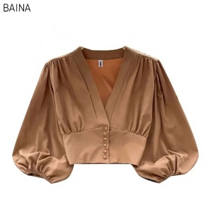 Nuevas camisas elegantes para mujer <span class=keywords><strong>con</strong></span> cuello en V, blusa <span class=keywords><strong>con</strong></span> pliegues de manga larga, <span class=keywords><strong>blusas</strong></span> versátiles de verano para mujer - Product Image 1