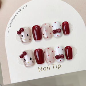 Haute qualité 10 pièces mignon 3D Hello Kitty <span class=keywords><strong>faux</strong></span> ongles pur fait à la main acrylique presse sur les ongles pour les filles - Product Image 1