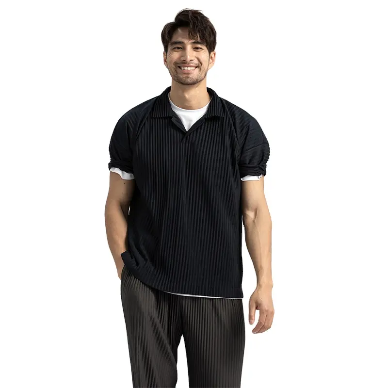 Camisa plisada con solapa para hombre con estilo-Top informal negro elegante Ideal para dropshipping y vendedores de ropa al por mayor