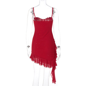 Abito Estivo da Donna 2026 ODM Stile Club con Scollo a V Asimmetrico, Plissettato e con Volant, Sexy e Dolce in Spandex/Nylon - Product Image 3