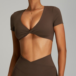 Women Breathable Twist Front Deep V Crop Yoga Top Hollow Back Short Sleeve Built Padded <b>Bra</b> Workout Sports Tee - Product Image 1