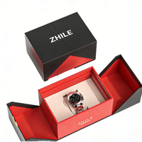 Boîte cadeau pour montre à double porte personnalisée, carton rigide noir mat, intérieur rouge, coussin en velours, logo, emballage de présentation