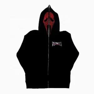 Custom Design Men's Rhinestone Skull Red Print Streetwear Hoodie Men's Jacket Y2k Sweatshirt Zip up Hoodie