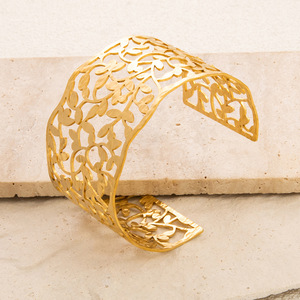 Brazalete Ancho de Estilo Europeo con Diseño de Hojas, Chapado en Oro de 18k, Ajustable, Joyería para Mujer - Product Image 4