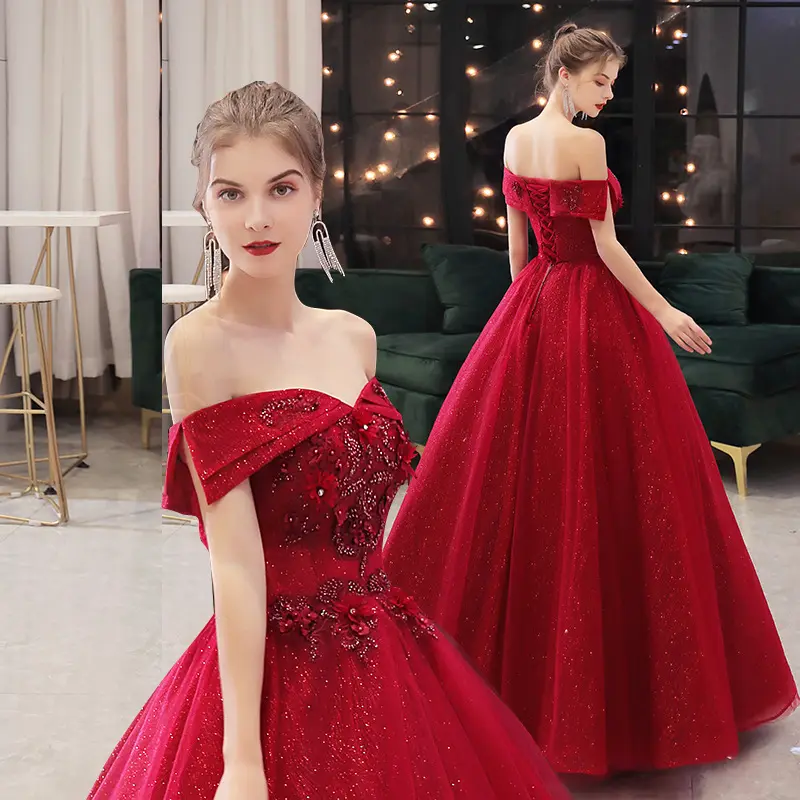 Nouveau design de robe de mariage élégante robe de bal rouge vin robe de mariée une épaule robe de mariée brodée robe de soirée de princesse