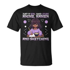 T-shirt unisexe pour adulte, à manches courtes, col rond, impression numérique, Just A Girl Who Loves Anime Ramen And Sketching - Product Image 1
