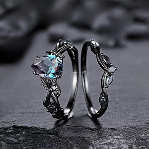 Anillos de circonita azul místico con corte de pera ZhuQian al por mayor, juego de 2 piezas para mujer, joyería gótica vintage con diseño de rama natural, deslumbrante para boda - Product Image 2