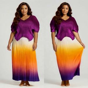 Dégradé femmes nouvel ensemble à manches courtes col en V hauts et jupes longues plissées costume rue deux 2 pièces robe ensemble tenues africaines - Product Image 2