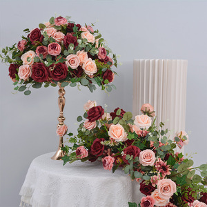 Oferta Especial: Centro de Mesa de Rosas de Seda en Color Rojo, Rosa y Verde, Arreglo Floral en Forma de Bola, Centro de Mesa Color Borgoña para Decoración de Mesa de Boda - Product Image 2
