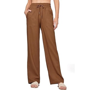 Pantaloni lunghi da <span class=keywords><strong>donna</strong></span> in cotone a vita alta Casual pantaloni larghi a gamba dritta - Product Image 4