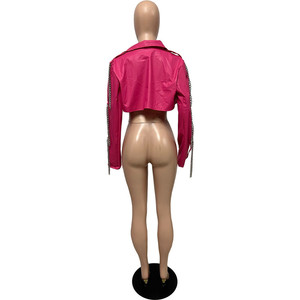 2024 Autumn Winter New Punk PU Leather <strong>Women</strong> Crop Coat Chain Decoration Zipper <strong>Fly</strong> <strong>Jackets</strong> - Product Image 6