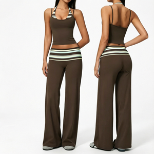 Ensemble pantalon évasé et débardeur sexy à col carré, respirant, élastique, extensible dans les quatre sens, amincissant, avec pli avant à la taille pour femme - Product Image 1