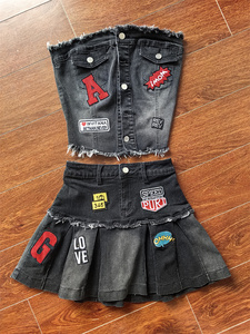 New Fall Stretch <strong>Denim</strong> Fabric Two Pieces <strong>Skirt</strong> Set With <strong>Denim</strong> Strapless Tube Top and <strong>Pleated</strong> <strong>Skirt</strong> Mini <strong>Denim</strong> <strong>Skirt</strong> - Product Image 4