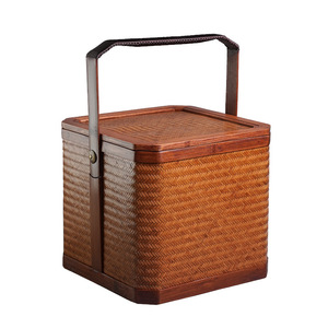 Retro <b>bamboo</b> woven <b>basket</b> with lid, portable tea set storage <b>basket</b>, picnic food box, portable travel tea set case storage box - Product Image 5