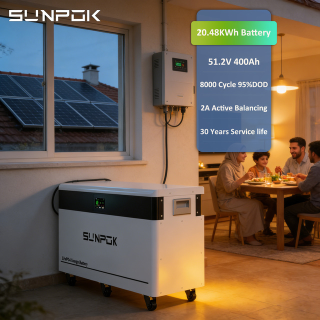 SUNPOK 48V LiFePO4 Lithium Solar Battery Pack 400Ah 20kWh Home Energy Power Wall Removable Lithium Ion Batteries Backup