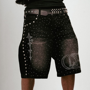 Shorts en Jean Homme 2025 Nouveau Style Streetwear Personnalisé Été OEM Lavage Vintage avec Strass - Product Image 1