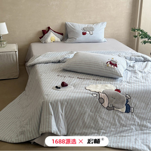 Elephant Diary Cotton Quilt Set 4-Piece Summer Cooling Bedding For Kids With Applique Embroidery - Product Image 4