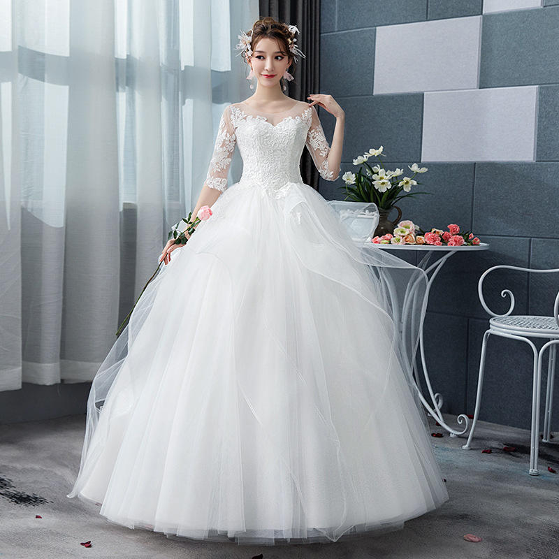 Ball Gown Lace Top Plain Bottom Wedding Dress White Puffy Wedding