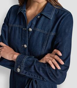 Vestido Maxi de Mezclilla Sólido con Corte en A, Mangas Largas, Cuello Alto, Aberturas Laterales, Forro de Algodón, Estilo Casual para Uso Diario, Primavera y Otoño, Tipo Halter - Product Image 5