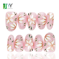 Vente en gros de faux ongles à presser faits main, à motifs floraux et pailletés, avec colle, logo personnalisé, haute qualité, 10 pièces, peints à la main, en gel acrylique véritable