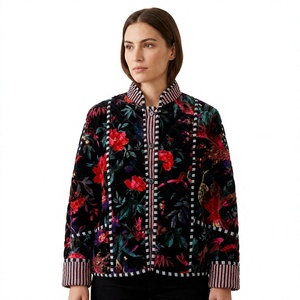 Floral Printed Velvet Quilted Blazer <b>Women</b> Mandarin Collar Full Sleeve Autumn Outerwear gift for her - Product Image 1
