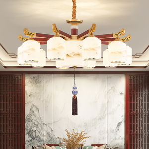 Chinese Style Multi Head Chandelier <b>Led</b> <b>Light</b> For Living Room Bedroom Hallway Home Decor With Wooden Frame And Mountain Pattern - Product Image 3