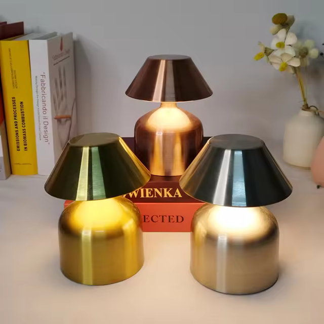 Gold Mushroom Rechargeable Battery Brass LED Desk Lamps Dimming Touch Cordless Table Light