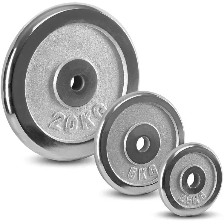 KKFIT Großhandel Gewichts platten Chrom freie Gewichte GYM Ausrüstung Fitness Silber Gusseisen Lang hantel platten Hantel Gewichts platte
