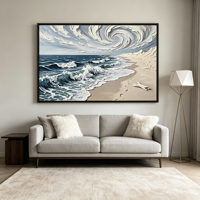 Tableau mural encadré style impasto, Paysage marin bleu-gris atmosphérique avec vagues océaniques, pour Hôtel en bord de mer, Magasin de surf et Café