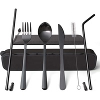Matt Black Silverware Portable Fourchette et Cuillère Couteau 4 Pc Couverts de Voyage, Couverts de Camping en Plein Air
