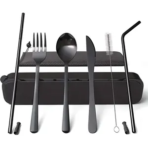 Juego <span class=keywords><strong>de</strong></span> <span class=keywords><strong>Cubiertos</strong></span> <span class=keywords><strong>de</strong></span> viaje <span class=keywords><strong>de</strong></span> 4 piezas con tenedor y cuchara portátil Matt Black Silverware, <span class=keywords><strong>cubiertos</strong></span> para acampar al aire libre - Product Image 1