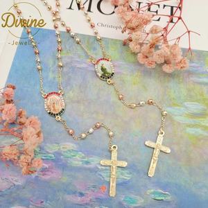 时尚批发热卖念珠项链黄铜14k三色念珠项链圣母玛利亚圣裘德念珠项链 - Product Image 4