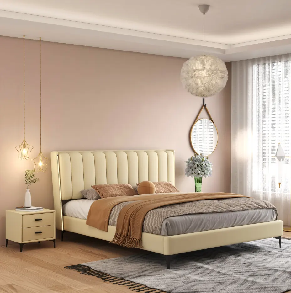 سرير منجد من الجلد الناعم الحديث للبيع بالجملة إطار سرير منجد من خشب hdf حجم كبير