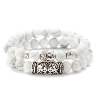 2PCS/Set Silver Color Buddha Head Lava Skeleton Turquoises Natural Stone Beads For Women Men Bracelet Set Charm Bangles