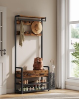 Porte-manteau et banc de rangement à chaussures en bois massif brun style campagnard vintage, amovible, pour entrée