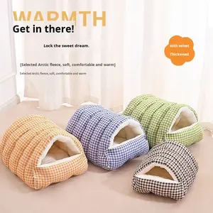 Cama para Mascotas Personalizada OEM, Cerrada, Desmontable, Lavable, Universal, Nido para Mascotas, Cuatro Estaciones, Cálida, de Algodón a Cuadros, para Gatos y Perros, Uso en Interiores - Product Image 1