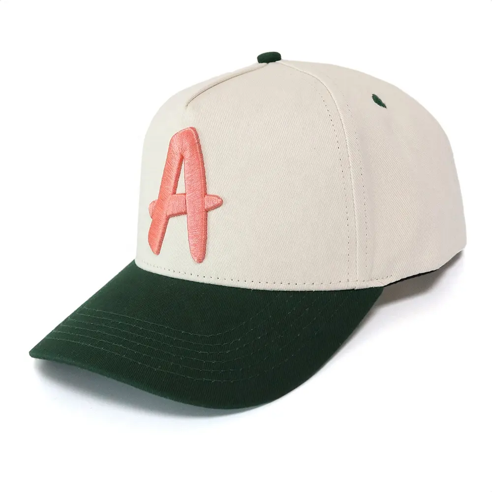 Custom Logo 5 panel 2 tone cream and forest green colors Baseball Fashion Designer 100% Cotton Twill Cap Hat