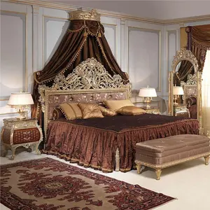 High-End Klassieke Emperador Goud Slaapkamer Meubels Black Night Tafel Massief Houten Frame Hand Carving Bed