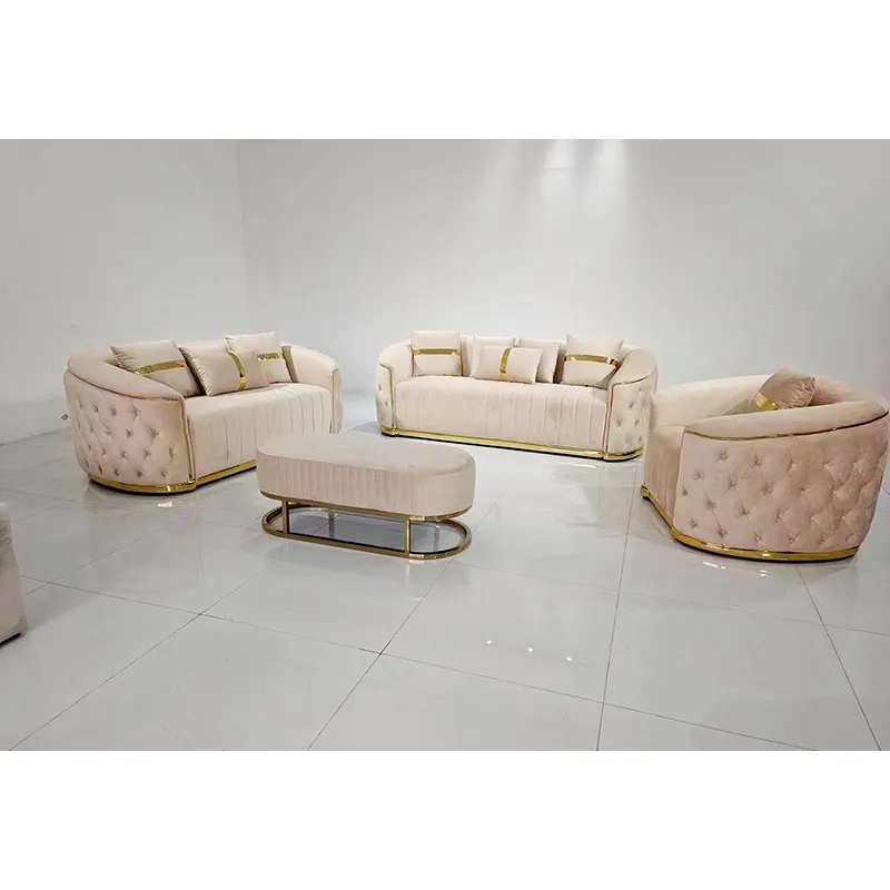 Set furnitur ruang tamu Modern bingkai logam mewah 3 2 1 bagian dudukan Sofa kain beludru putih