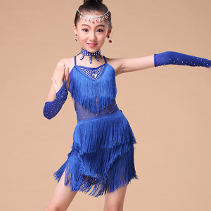 Traje de baile latino para niños, falda con borlas azules, ropa de actuación para niñas - Product Image 1