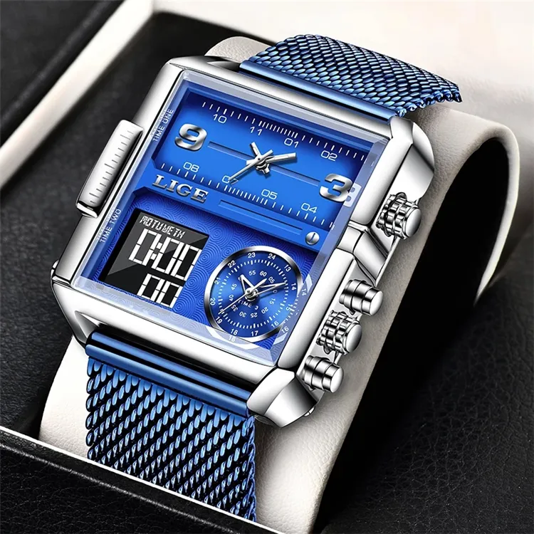 LIGE Luxury Men orologi sportivi digitali orologio da polso al quarzo analogico con quadrante quadrato a LED orologio da uomo con cronometro impermeabile multi-fuso orario