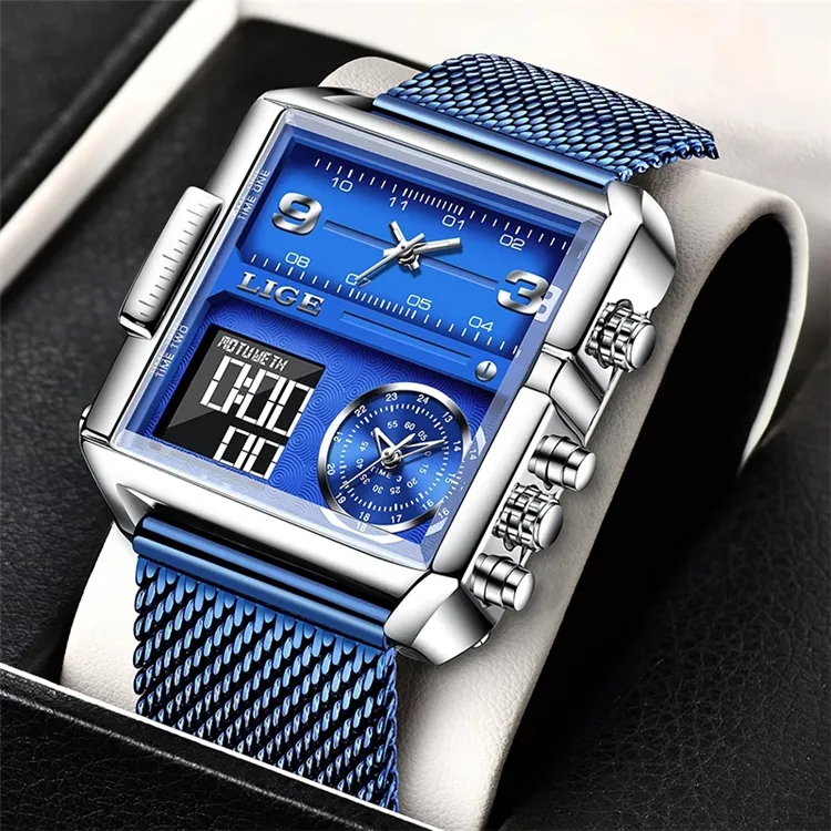 LIGE Luxury Men Digital Sports Watches LED Square Dial Analog Quartz Wrist Watch Multi-Time Zone Waterproof Stopwatch Male Clock