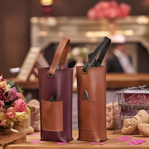 Sac de transport pour vin en cuir PU moderne et portable, gaufré, avec ouvre-bouteille intégré, ensemble cadeau champagne et whisky pour le Nouvel An - Product Image 2