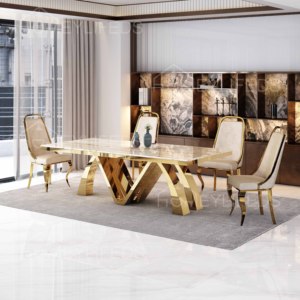 Luxury Modern Villa &amp; Hotel Apartment Dining Room Furniture Dining Table and Chair Set with <strong>Marble</strong> <strong>Top</strong> 6 Seater Home Furniture - Product Image 4