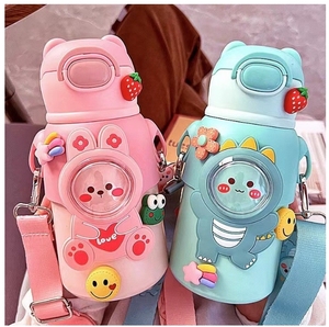 Cute Portable Stainless Steel Vacuum Water <b>Bottle</b> Kids Dinosaur <b>Thermos</b> Mug Straw Acrylic Leak-Proof 6-12 Hours Insulation Back - Product Image 1