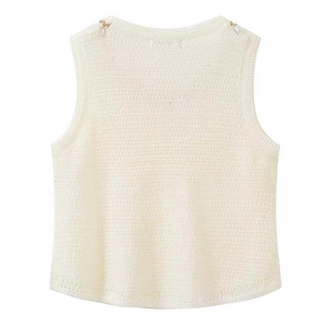Gilet sans manches en maille ajourée pour femme, couleur unie jaune, fin, en polyester, idéal pour l'été - Product Image 5
