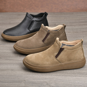 Chelsea Boots Men Genuine Leather <b>Round</b> Toe Slip On Ankle Height Plush Lining Rubber Outsole <b>Cushioned</b> Spring Casual Shoes - Product Image 1